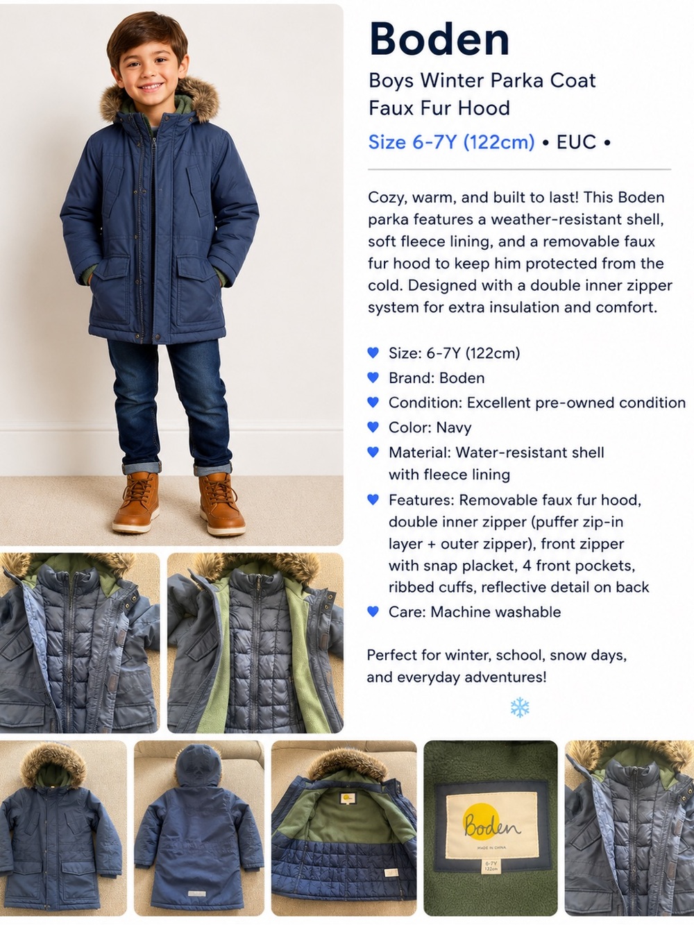 EUC Boden Boys Navy Winter Parka with Faux Fur Hood